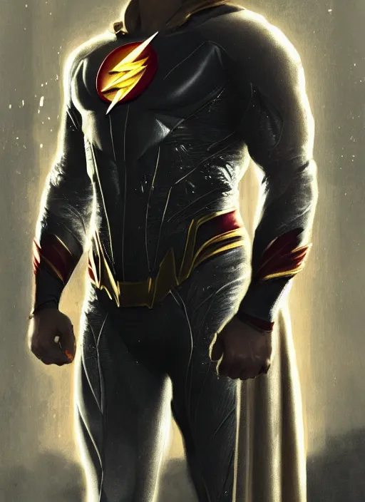 Image similar to Henry Cavill as the Flash in Justice League, luxurious suit, posing, sigma male, portrait art by alphonse mucha and greg rutkowski, highly detailed, digital painting, concept art, illustration, dim lighting with twilight rays of sunlight, trending on artstation, very detailed, smooth, sharp focus, octane render, close up