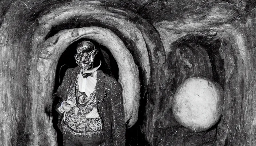 Image similar to high realistic photo portrait of a man with a taxidermic meat mask and elaborate jewel in a liminal space style tunnel, early black and white 8mm, heavy grain, high quality,