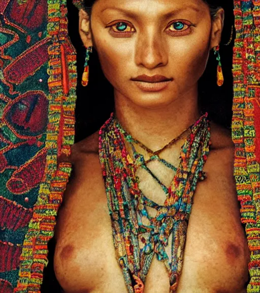 Prompt: portrait_photo_of_a_stunningly beautiful mayan maiden, 16th century, hyper detailed by Annie Leibovitz, Steve McCurry, David Lazar, Jimmy Nelsson, professional photography