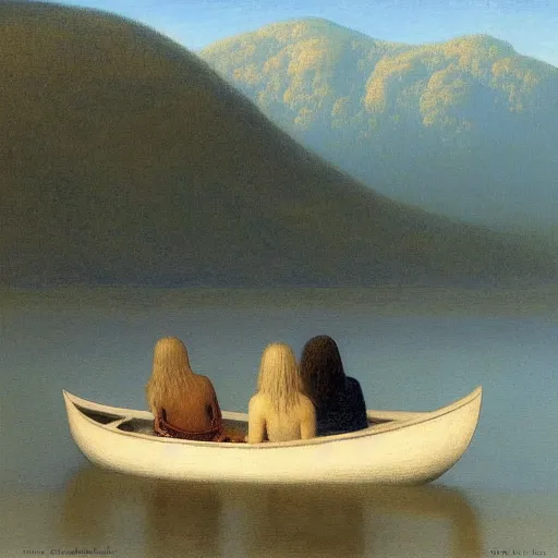 Prompt: “ girls sitting in canoe on the hudson river drinking beer!!!!!!!!, mountains in fog background, painting, by odd nerdrum ”