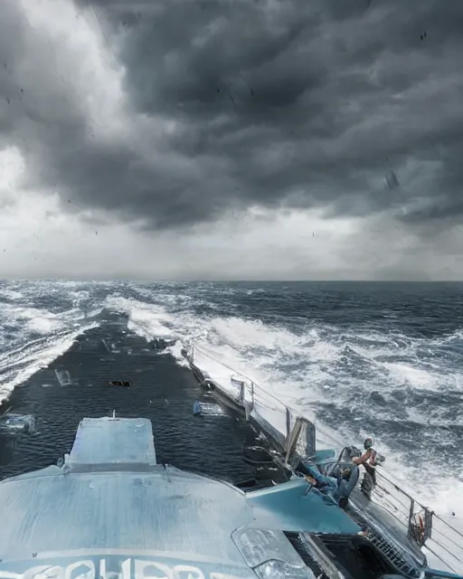 Image similar to view from an aircraft carrier of stormy seas, stormy weather, unreal engine, hyper realism, realistic shading, cinematic composition, realistic render, octane render, detailed textures, photorealistic, ultrawide shot, 16mm lens