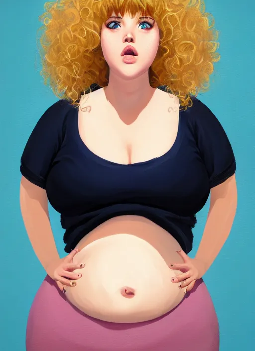 Image similar to full body portrait, teenage betty cooper, blonde hair, obese, bangs, ponytail, sultry, realistic, sultry smirk, fluffy bangs, curly bangs, fat, belly, beautiful girl, intricate, elegant, highly detailed, digital painting, artstation, concept art, smooth, sharp focus, illustration, art by wlop, mars ravelo and greg rutkowski