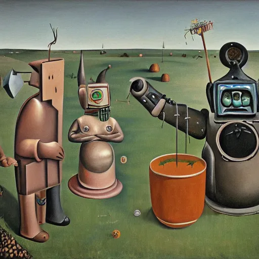 Prompt: painting of a robot mule, at a gnome garden party, by salvador dali, rene magritte, hieronymus bosch, muted colors, earth tones, music, cocktails, high quality, 8 k