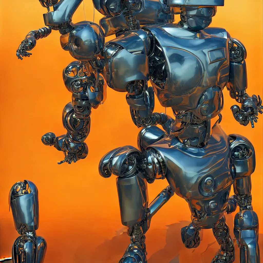 Prompt: portrait of a futuristic robot terminator in the style of Moebius + maxfield parrish + Thomas Ehretsmann, nice colors, hyper-realistic, intrincate, detailed, 8k, goauche painting, bright colors