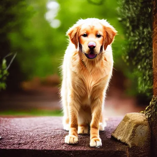 Prompt: a feline golden retriever - cat - hybrid, animal photography