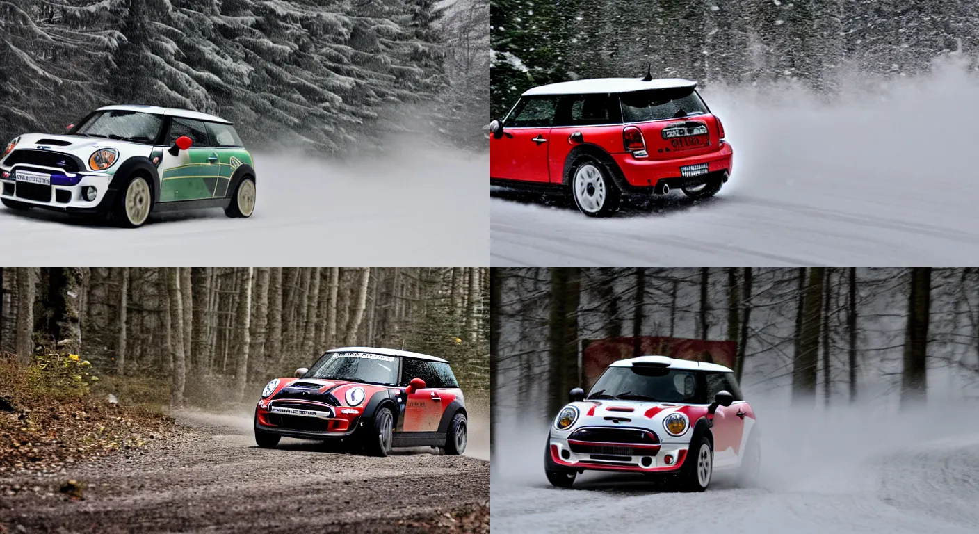 Prompt: a 2 0 1 1 mini john cooper works clubman, racing through a rally stage in a snowy forest