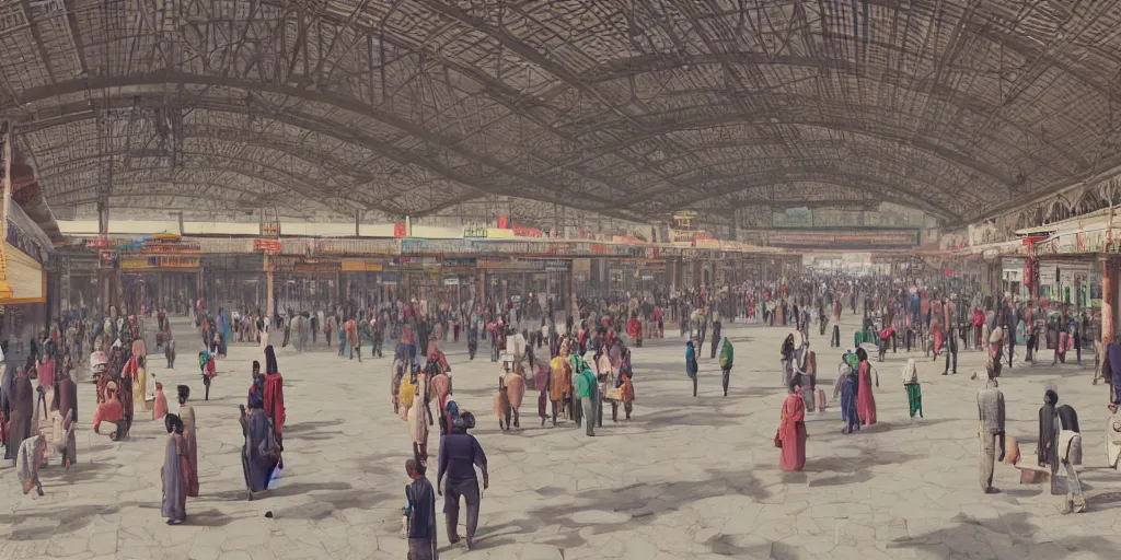 Image similar to establishing shot, interior of an india railway station, bustling with people, sharp focus, unreal engine, octane render, aesthetic