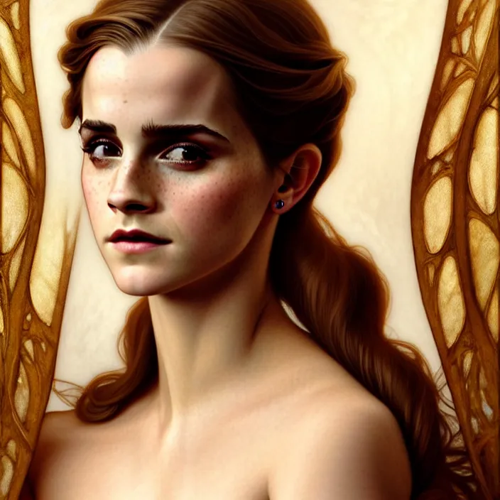 Image similar to ancient queen elegant naive emma watson, symetrical, diffuse lighting, fantasy, intricate, elegant, highly detailed, lifelike, photorealistic, digital painting, artstation, illustration, concept art, 4 k, smooth, sharp focus, art by john collier and albert aublet and krenz cushart and artem demura and alphonse mucha