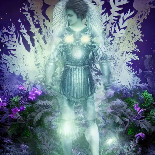 Image similar to half figure shot of a male angelic knight, stern face, clear eyes, shining sword, in a dark forest, shining armour made of steel and flowers, and fractal flowery hair in a fractal garden, glowing delicate flower, berries and ferns that grow in a dark fantasy forest, clear face, peaceful face,