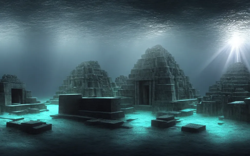 Image similar to wide shot, submerged pre - incan temple, dark, grenada underwater sculpture park, bubbles, abyss, stylized, anime style mixed with fujifilm, detailed gouache paintings, crepuscular rays, dark, murky, foggy, atmospheric, artstation, cgsociety, octane render, cgi, unreal engine 5, denoise, cinematic masterpiece