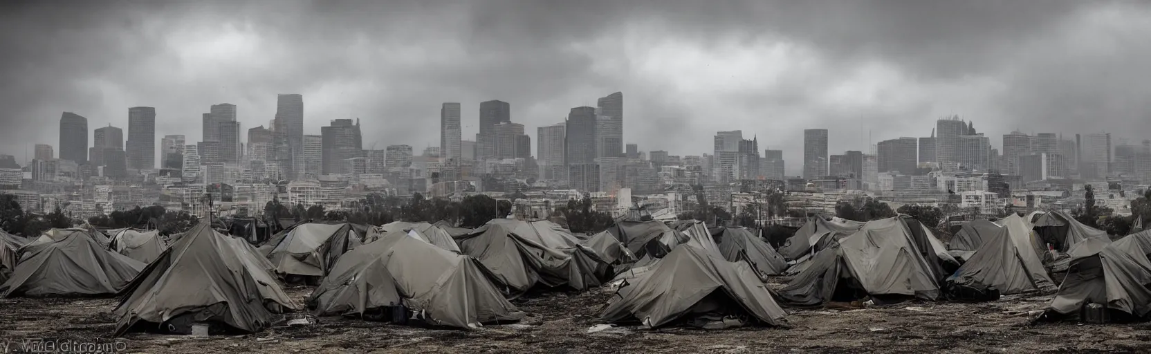 Prompt: cloudy, grey skies, american knights, tent camp in foreground, fortress city of office buildings in background upon hill, post apocalyptic, grungy