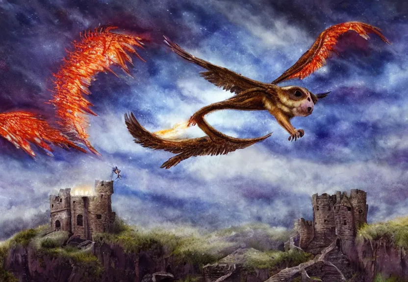 Image similar to legendary fire winged possum flying over a medieval forest castle at night under the dark starred sky, dark fantasy, watercolor, dreaming illusion, highly detailed, 4k, trending on Artstation