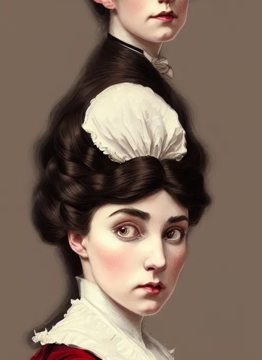 Prompt: a portrait of a young woman with a crooked nose in victorian clothing, confident pose, intricate, elegant, sharp focus, illustration, highly detailed, concept art, matte, trending on artstation, anime, art by james jean and artgerm and brian despain and alberto mielgo, greg rutkowski, wlop, ilya kuvshinov, strong strokes