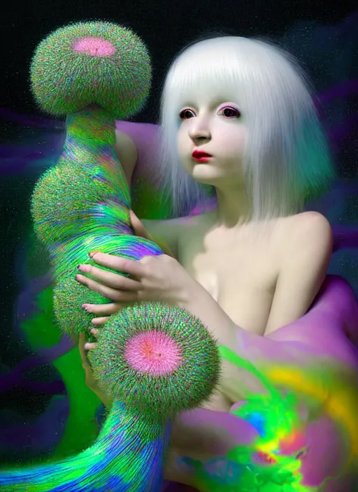 Image similar to hyper detailed 3d render like a Oil painting - kawaii portrait Aurora (white haired Singer Ferret) seen Eating of the Strangling network of yellowcake aerochrome and milky Fruit and Her delicate Hands hold of gossamer polyp blossoms bring iridescent fungal flowers whose spores black the foolish stars by Jacek Yerka, Mariusz Lewandowski, Houdini algorithmic generative render, Abstract brush strokes, Masterpiece, Edward Hopper and James Gilleard, Zdzislaw Beksinski, Mark Ryden, Wolfgang Lettl, hints of Yayoi Kasuma, octane render, 8k