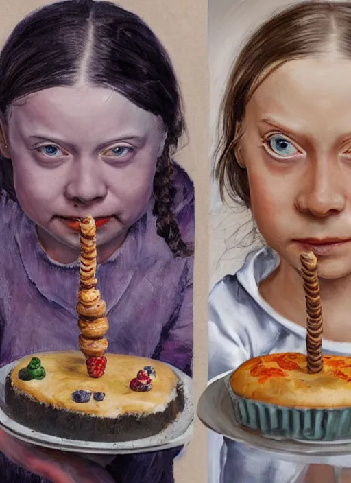 Prompt: greta thunberg eating cakes painted by otto dix, detailed digital art, trending on Artstation