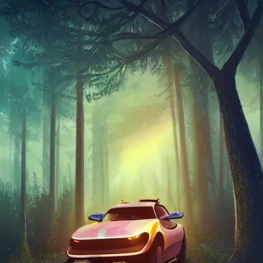 Image similar to flying car in futuristic spiritual mystical post apocalyptic forest by ron gilbert, dim painterly volumetric aquatic sunset lighting, beautiful, crisp, artstation, highly detailed