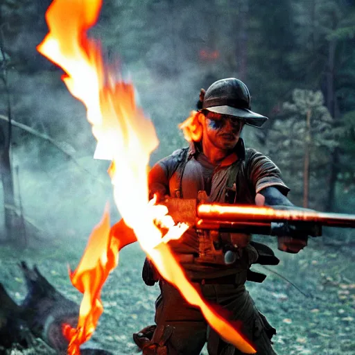 Prompt: Rambo shooting flames out of a flamethrower, moonlight, burning trees, burning computers on the floor, very vey very detailed face, very very very realistic face, real picture, 8K, action movie scene