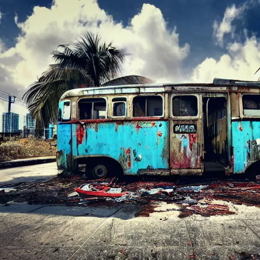 Image similar to low wide angle shot of dilapidated fallout 5 miami, tropical coastal city, desolate, dilapidated neon signs, few rusted retro futuristic vintage parked vehicles like cars, buses, trucks, trams, sunny weather, few clouds, volumetric lighting, photorealistic, daytime, spring, sharp focus, ultra detailed, 4 0 0 0 k