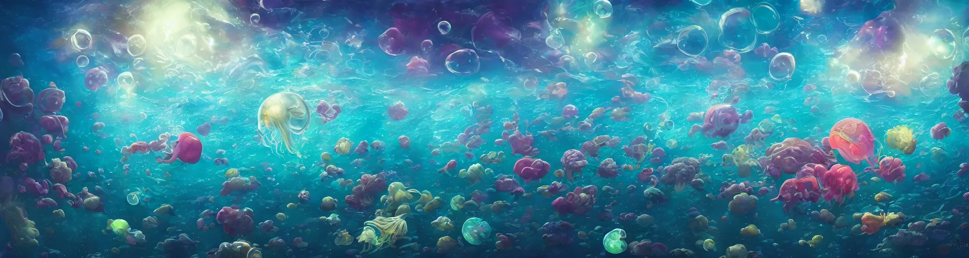 Prompt: Magical ocean, underwater, bubbles, tiny colorful fish, bioluminescent jellyfish, Noah Bradley