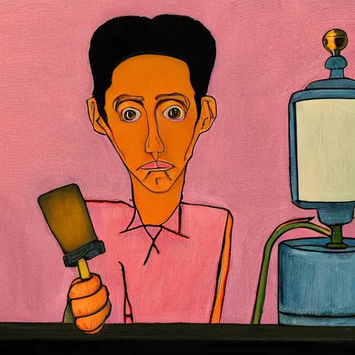 Image similar to a wide angle fine art painting of man with black hair using a weed grinder, rolling papers and a table lamp, high contrast, inspired by the styles of wes anderson, and egon schiele and ( edward hopper ), toned orange and pastel pink