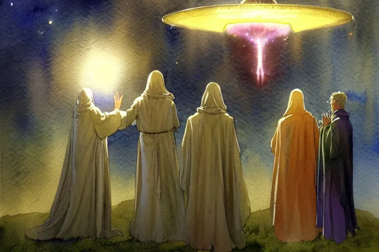 Image similar to a realistic and atmospheric watercolour fantasy character concept art portrait of a group of christians wearing robes greeting an alien that is standing below a ufo. they are emerging from the mist on the moors of ireland at night. a ufo is in the background. by rebecca guay, michael kaluta, charles vess and jean moebius giraud