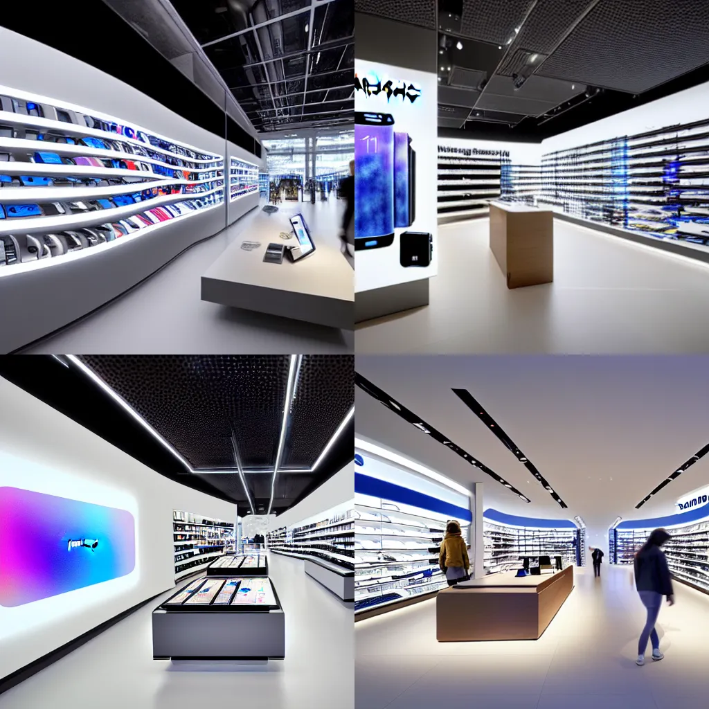 Prompt: 2030s flagship retail interior Samsung Microsoft Apple by Jean-Baptiste Monge