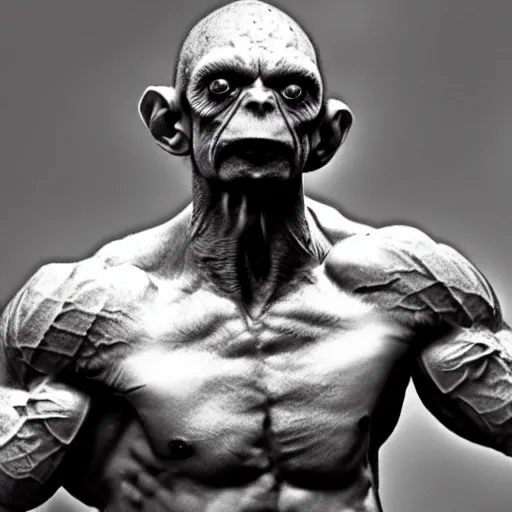 Prompt: Gollum is a jacked muscle builder gigachad, grayscale photography