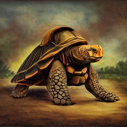 Prompt: the tortoise trainer painting, steampunk