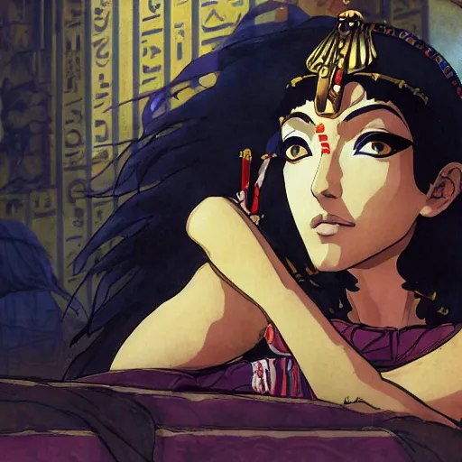 Image similar to Cleopatra of Egypt in her palace, relaxed and candid, anime portrait by Satoshi Kon and Yoji Shinkawa