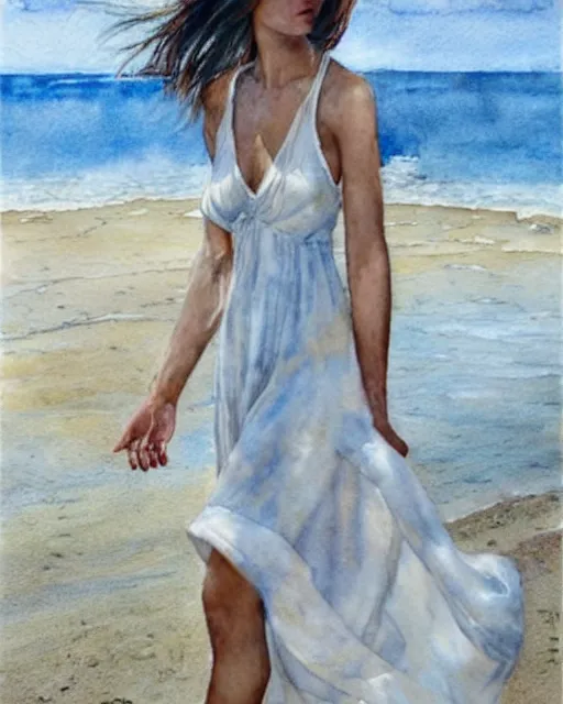 Prompt: a photorealistic watercolor of a woman with translucent white dress walking by the beach, by Steve Hanks, highly detailed and realistic, intricate HD, emotional realism