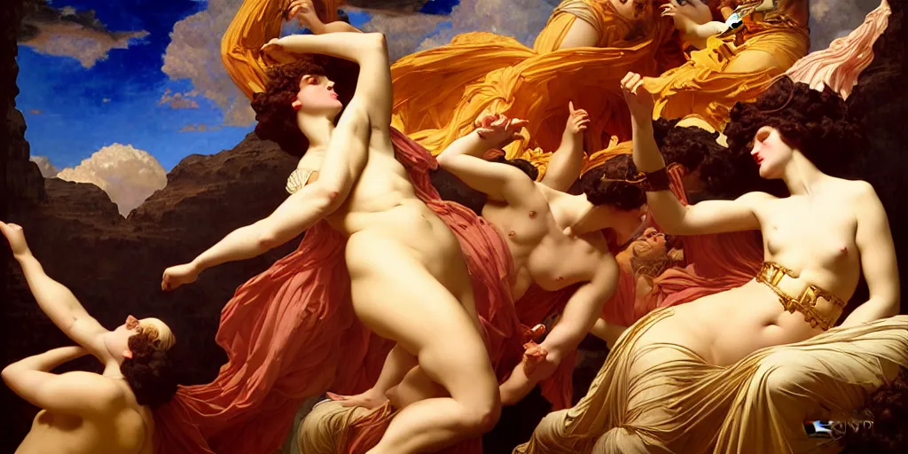 Image similar to greek mythology, an art deco painting by Frederic Leighton and Daniel Maclise and Rolf Armstrong and Evelyn De Morgan and Bastien Lecouffe-Deharme, dutch golden age, dramatic lighting, high contrast colors, baroque, empyrean, panoramic view, cgsociety, highly detailed, doom engine,