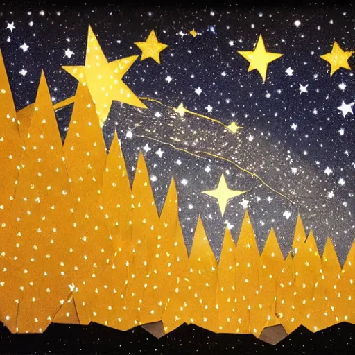 Prompt: a comfy crackling wood fire in front of a very dark background of yellow illustrated stars, astrophotography, cut paper collage with illustration and photograph