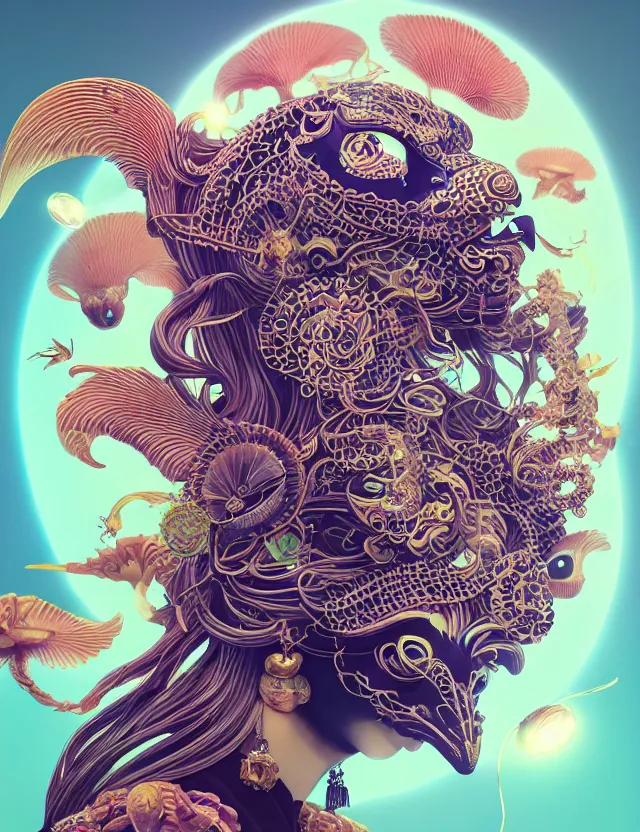 Image similar to 3 d goddess close - up profile solarpunk portrait ram skull. beautiful intricately detailed japanese crow kitsune mask and clasical japanese kimono. betta fish, jellyfish phoenix, bio luminescent, plasma, ice, water, wind, creature, artwork by tooth wu and wlop and beeple and greg rutkowski