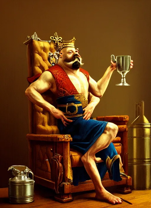 Image similar to king on a throne with a water - filled tankard in his hand in the style of michael sowa, detailed, 4 k, beautifully lit, from a film, cinematic, artstation