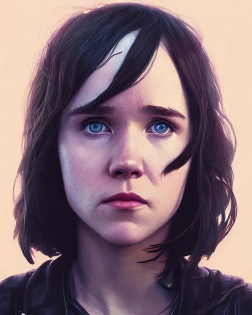 Image similar to highly detailed vfx portrait of ellen page as terminator, stephen bliss, unreal engine, greg rutkowski, loish, rhads, beeple, makoto shinkai and lois van baarle, ilya kuvshinov, rossdraws, tom bagshaw, alphonse mucha, global illumination, detailed and intricate environment