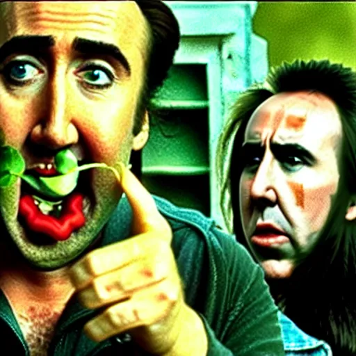 Image similar to nicolas cage drowning mouth full of peas, movie still, the wicker man