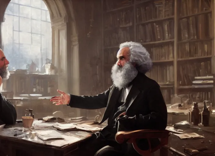 Prompt: Jordan Peterson having a conversation with Karl Marx by Greg Rutkowski, 4k, masterpiece