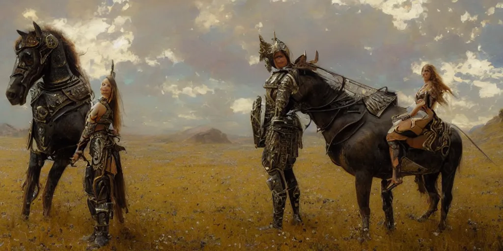 Image similar to portrait of girl medieval armor and one metal horse landscape of meadow poses by gaston bussiere, anna nikonova aka newmilky, greg rutkowski, yoji shinkawa, yoshitaka amano,, donato giancola, geoffroy thoorens, concept art, trending on artstation, featured on pixiv, cinematic composition, 8 k