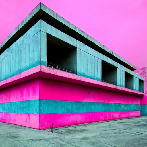 Image similar to brutalist building with touches of cyan and pink. moody and melanchony