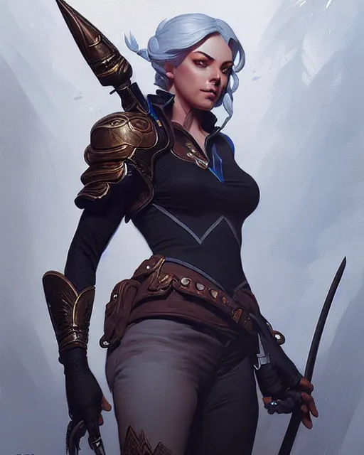 Image similar to ashe from overwatch, character portrait, concept art, intricate details, highly detailed by greg rutkowski, michael whelan and gustave dore