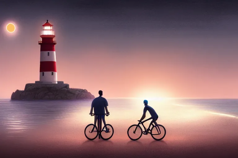 Image similar to photo of man riding a bicycle along the beach that is lit by glowing organisms underwater toward a lighthouse in the distance, wide horizon, large white clouds, intricate, elegant, highly detailed, digital painting, artstation, concept art, smooth, sharp focus, illustration, art by artgerm and greg rutkowski and fra angelico