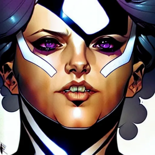 Image similar to artgerm, joshua middleton comic cover art, pretty domino character marvel comics sarah michelle gellar, place white skin, asymmetrical black spot covering left eye only, no spot right eye white around right eye