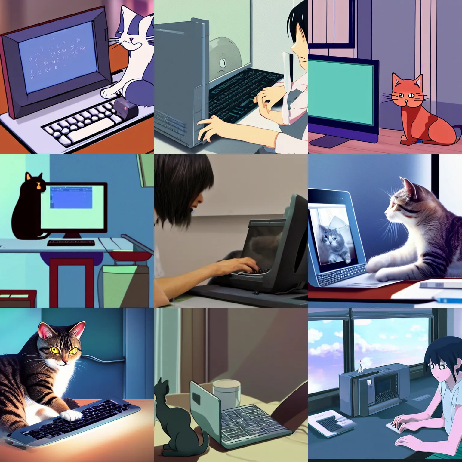 Prompt: a cat typing on a desktop computer, by makoto shinkai