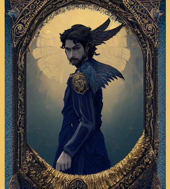 Prompt: portrait of a god of death, young male, in the underworld, elegant dark blue dress, very detailed, throne, very intricate details, jewelry, gold eyes, elaborate long black hairstyle, wings, cinematic, artstation, william bouguereau, rule of thirds, alphonse mucha, greg rutkowski, rossdraws, octane render