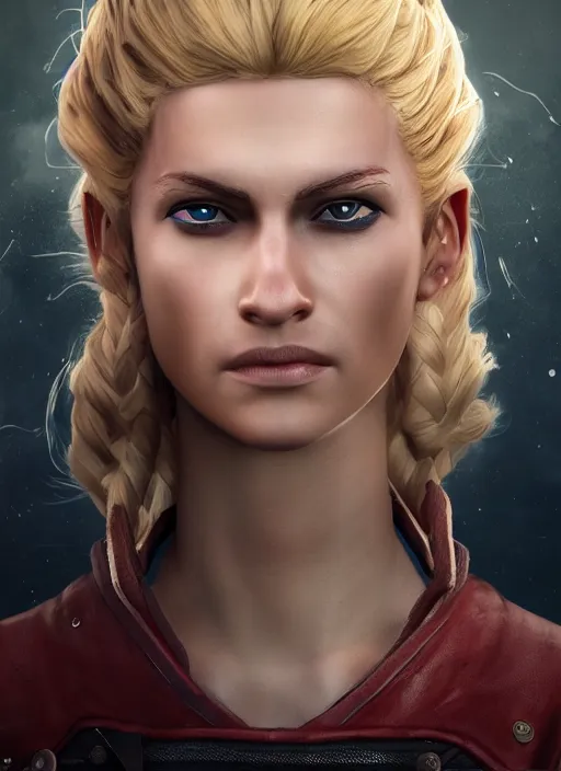 Image similar to An epic fantasy comic book style portrait painting of tall blonde haired female sky-pirate with a serious face and a pony tail in front of a metal gangplank, unreal 5, DAZ, hyperrealistic, octane render, cosplay, RPG portrait, dynamic lighting