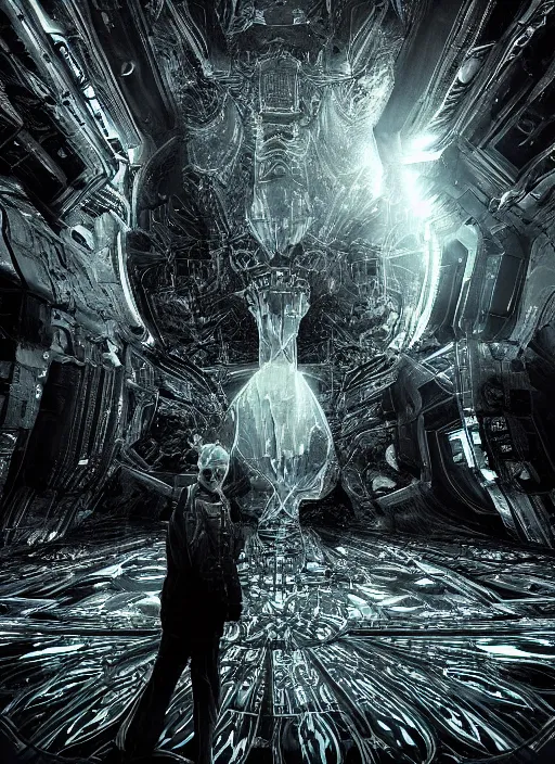 Image similar to symmetry concept art by craig mullins alien in futuristic dark and empty spaceship. infrared glowing lights. complex and hyperdetailed technical suit. mandelbulb fractal. reflection and dispersion materials. rays and dispersion of light. volumetric light. 5 0 mm, f / 3 2. noise film photo. flash photography. unreal engine 4, octane render. interstellar movie art