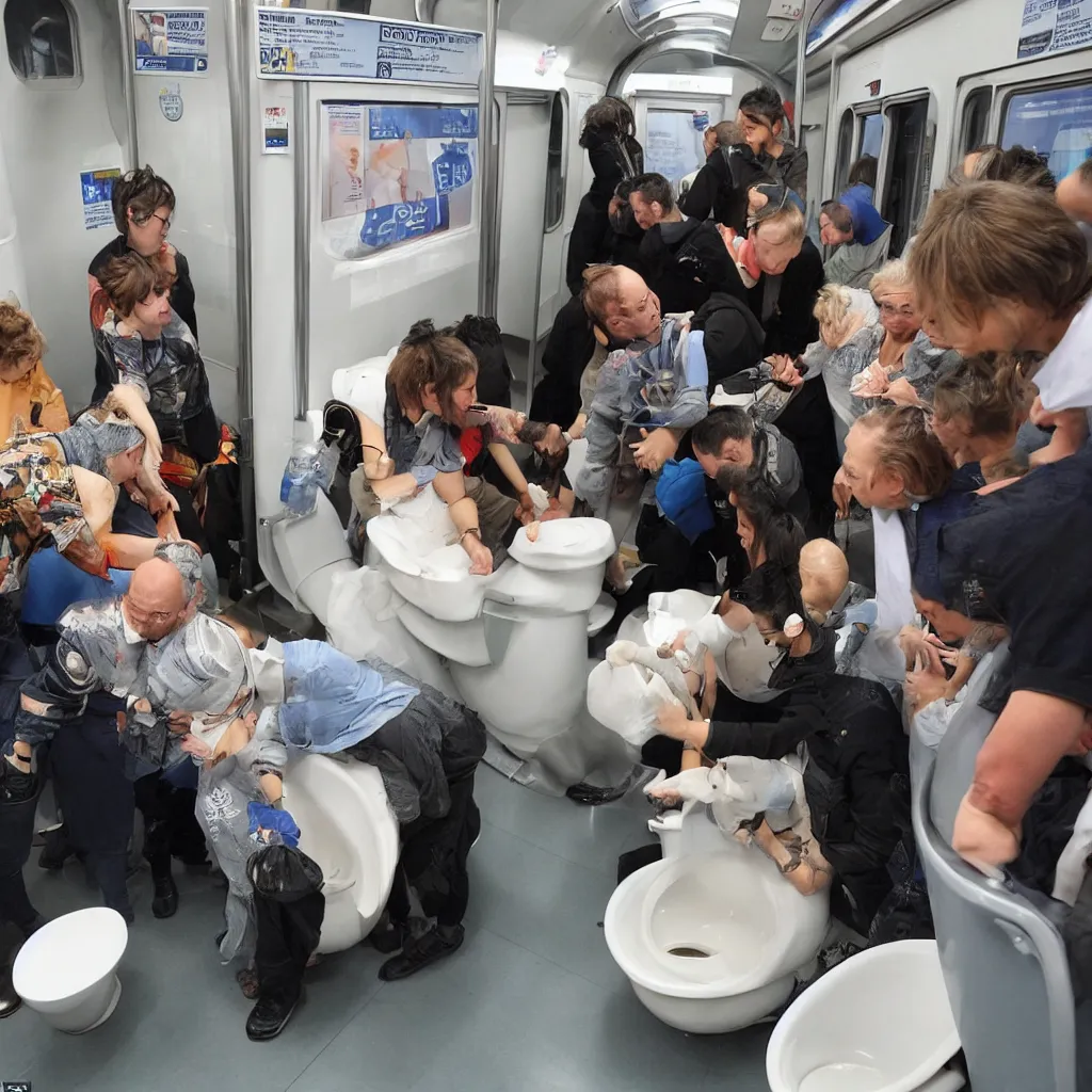 Image similar to people were flushing their cats down the toilet. this was for a charity, unspecified but highly regarded. people were on the train, looking at artefacts from outer space, listening to talk show djs discussing