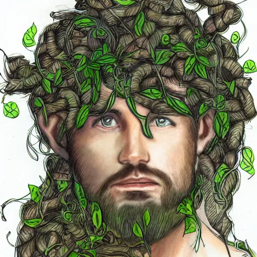 Prompt: male firblog druid with vines as hair flower in his hair detailed drawing