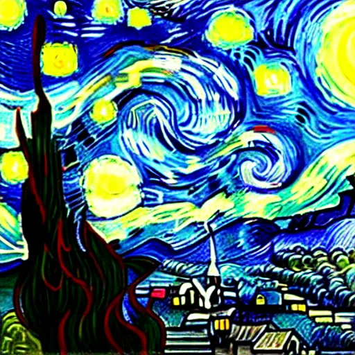 Prompt: van goh a starry night. kittens staring at the moon van goh