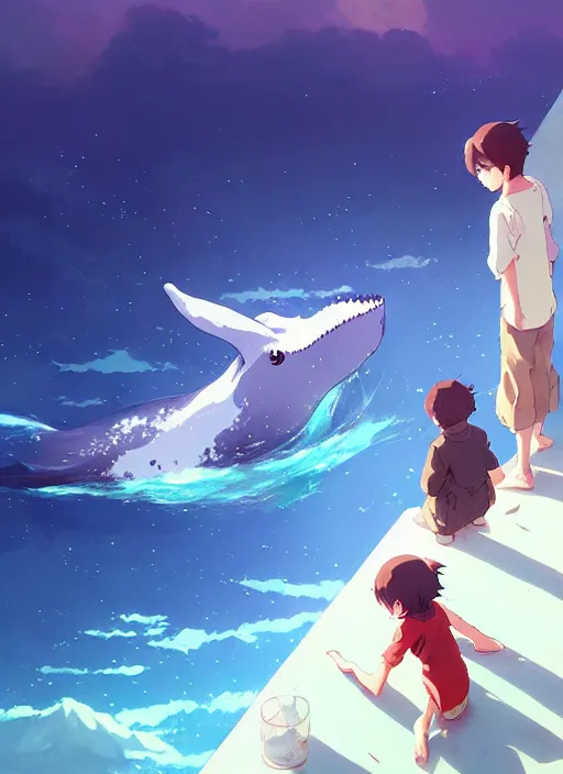 Image similar to boy and girl watching whales on sky, illustration concept art anime key visual trending pixiv fanbox by wlop and greg rutkowski and makoto shinkai and studio ghibli